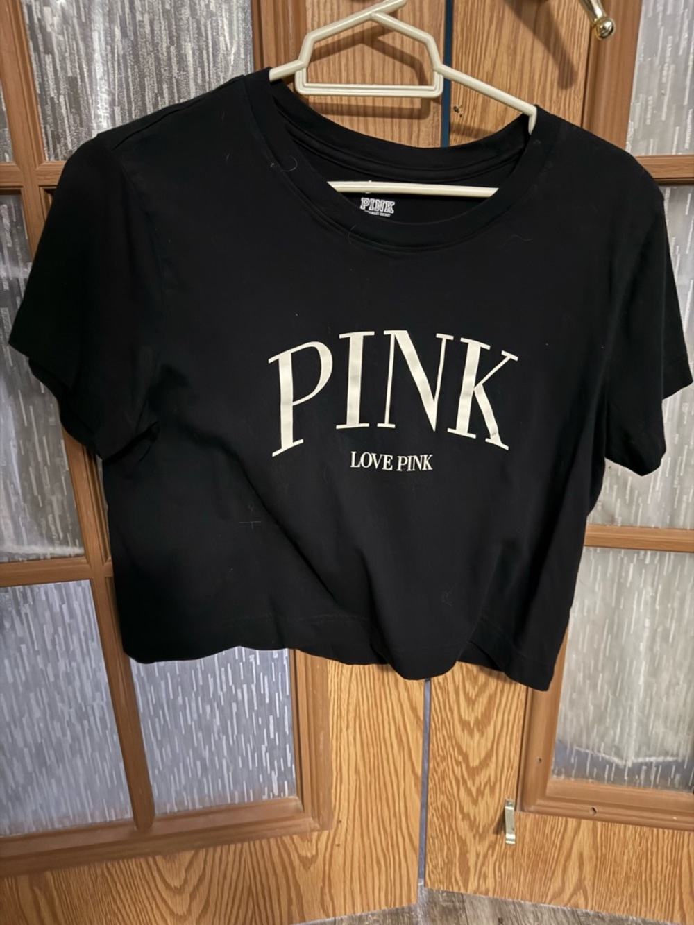 PINK Victoria's Secret Black Crop Tee with White Logo